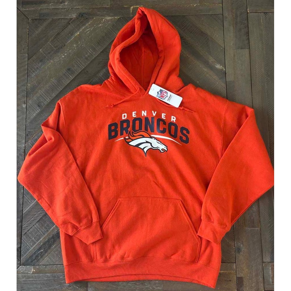 NFL Team Apparel Denver Broncos Mens Large Orange Graphic Fleece Hoodie NWT